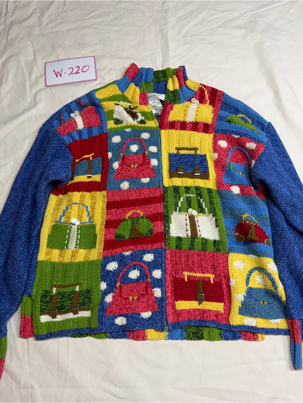 Vintage Susan Bristol, patchwork, handbag, pattern, cardigan, size medium